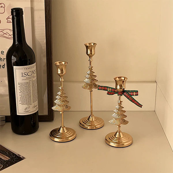 ოქროსფერი საშობაო მინის ხის სანთლების დამჭერის ნაკრები – სახლის დეკორი