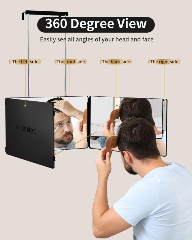 Umitec-ის 360°-იანი სამმაგი სარკე რეგულირებადი LED განათებით თვითშეჭრისა და მოვლისთვის