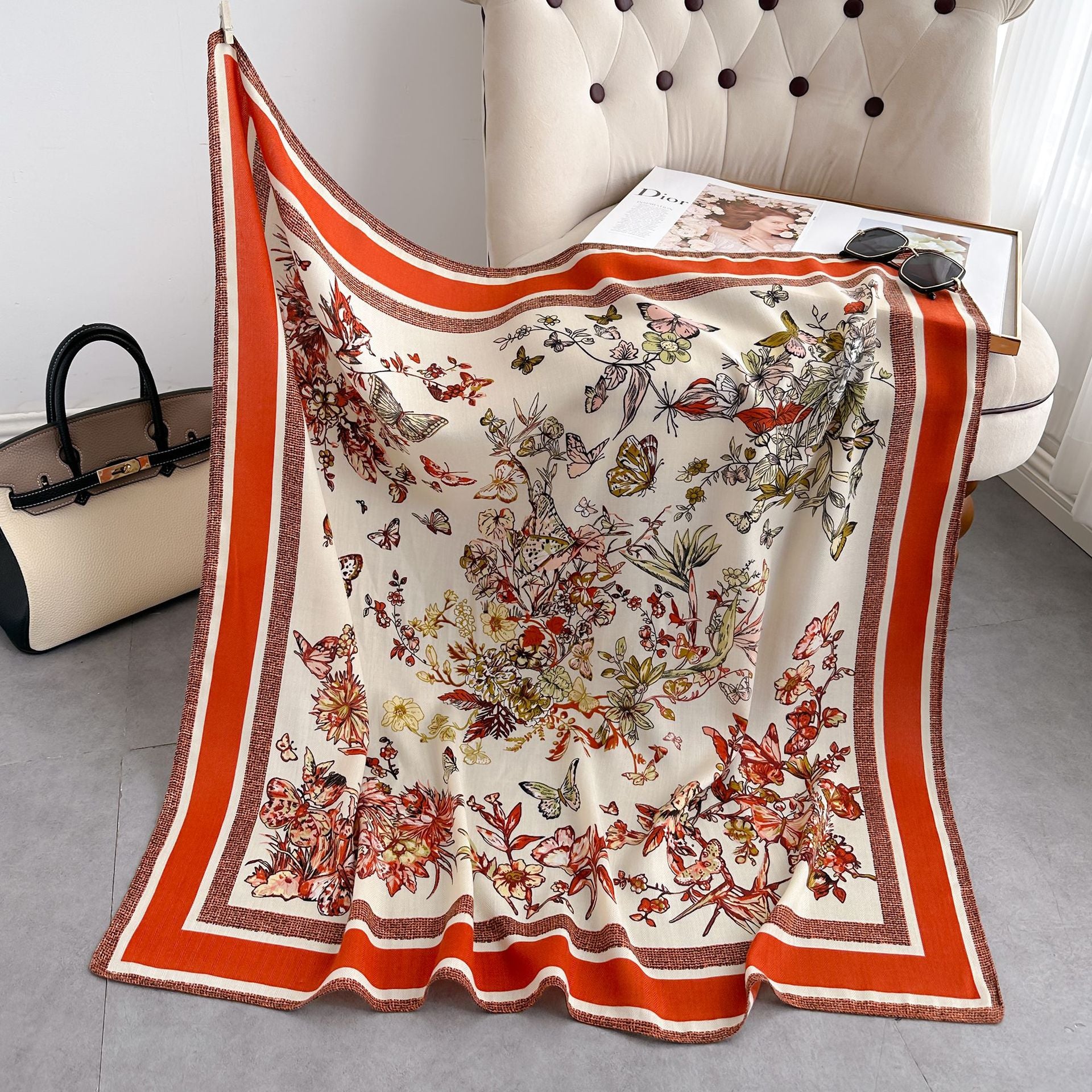 Soft Silk - Cotton Printed Square Scarf, 90 x 90cm