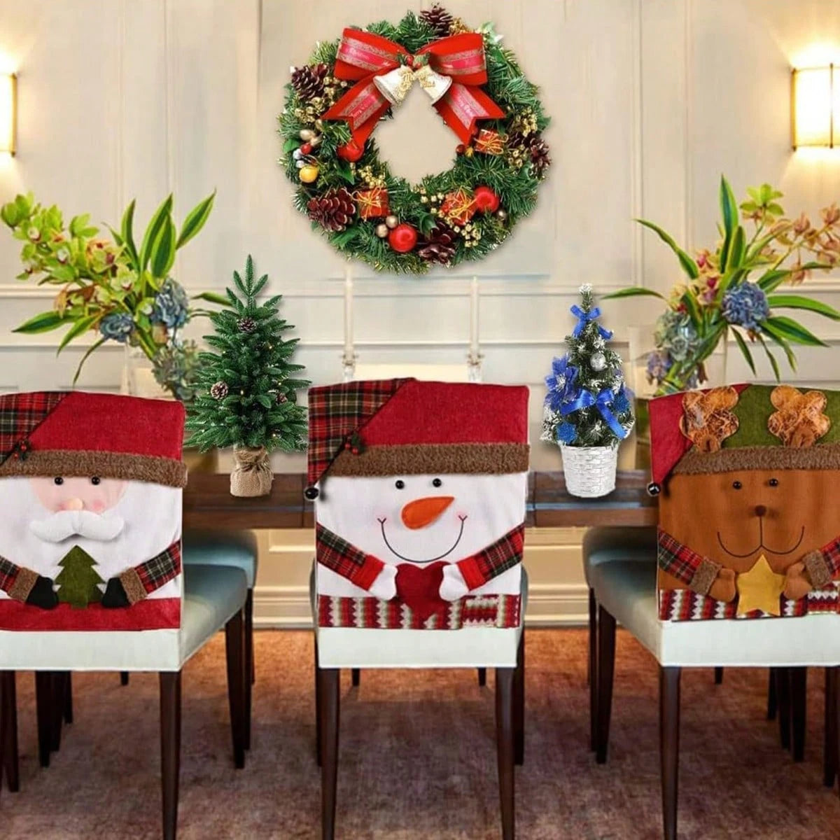 შობის სკამის გადასაფარები – ახალი ფაფუკი სანტა და თოვლის ბაბუა