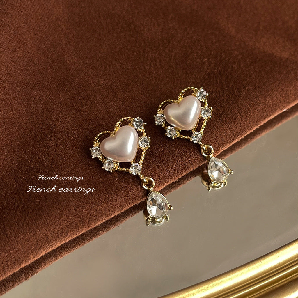 Gold-Tone Pearl Heart Drop Earrings