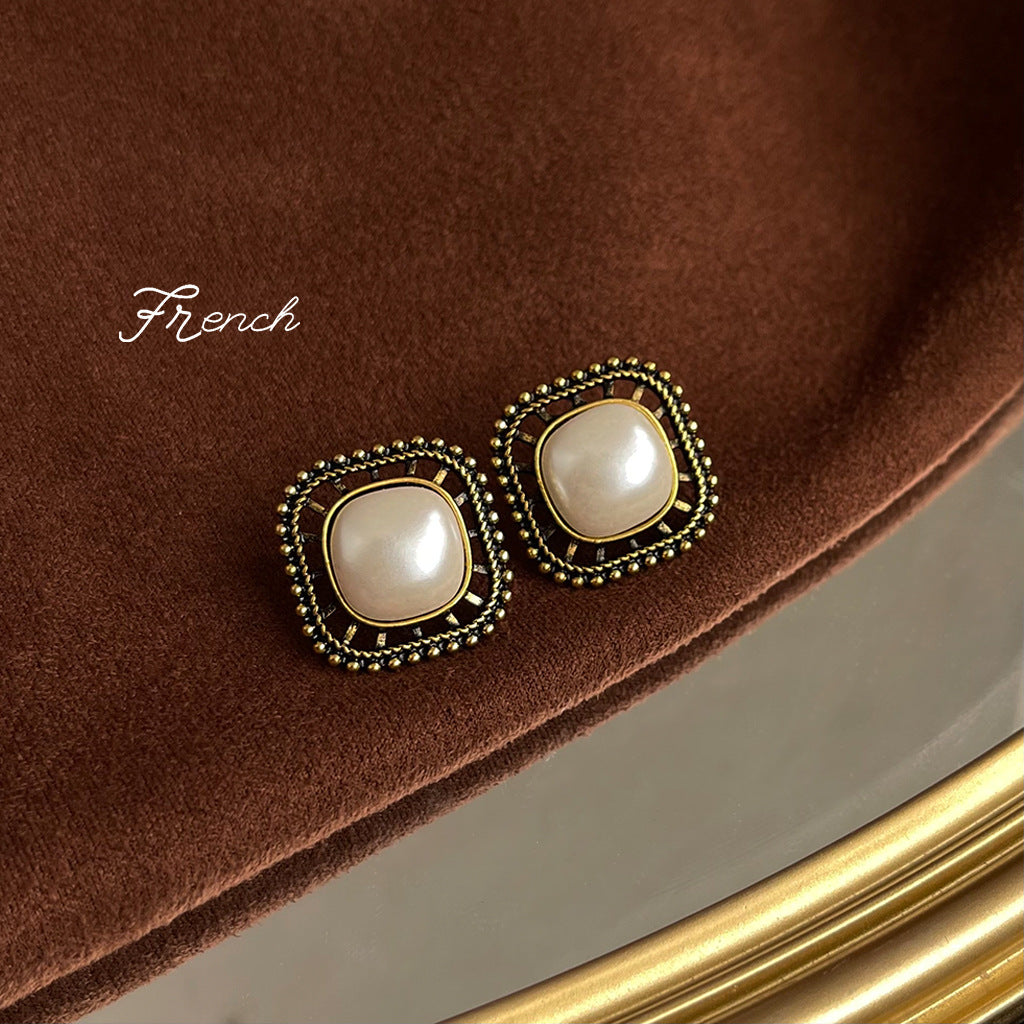 Vintage Square Pearl Stud Earrings